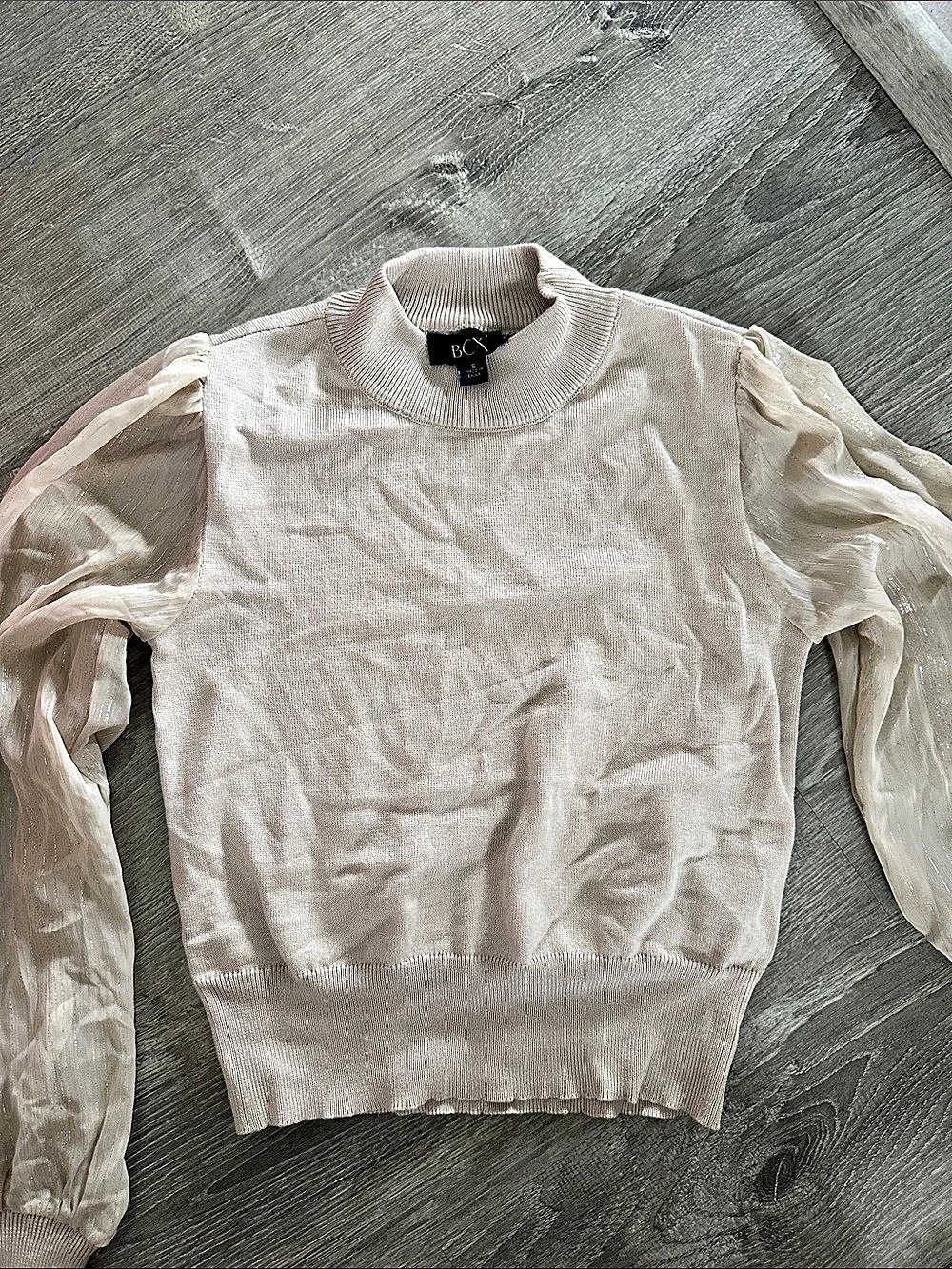 BCBG Sheer Sleeve Sweater in White Size 8 NWT